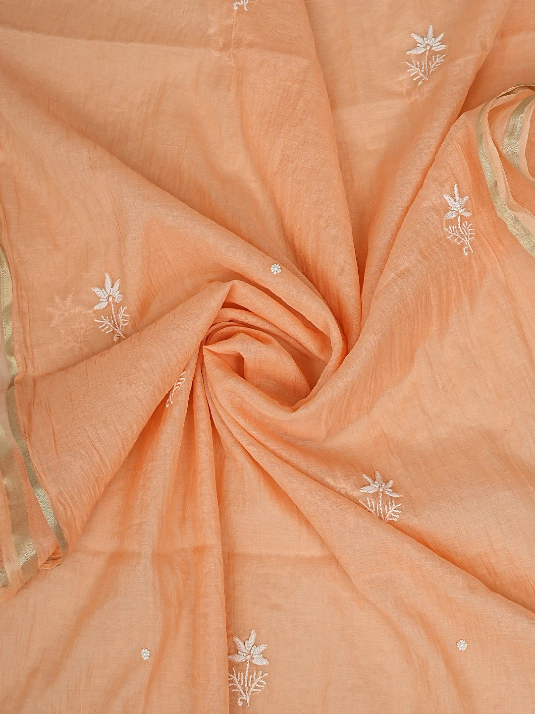 Ada Hand Embroidered Peach Chanderi Lucknowi Chikankari Semi-Stitched Anarkali Kurta Dupatta Set With Cutdana Work 01A898438