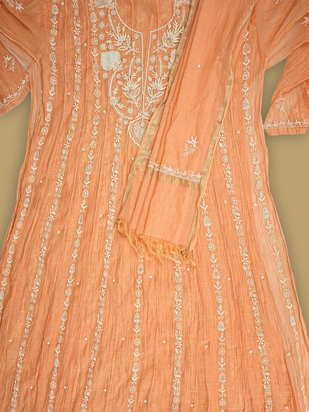 Ada Hand Embroidered Peach Chanderi Lucknowi Chikankari Semi-Stitched Anarkali Kurta Dupatta Set With Cutdana Work 01A898438
