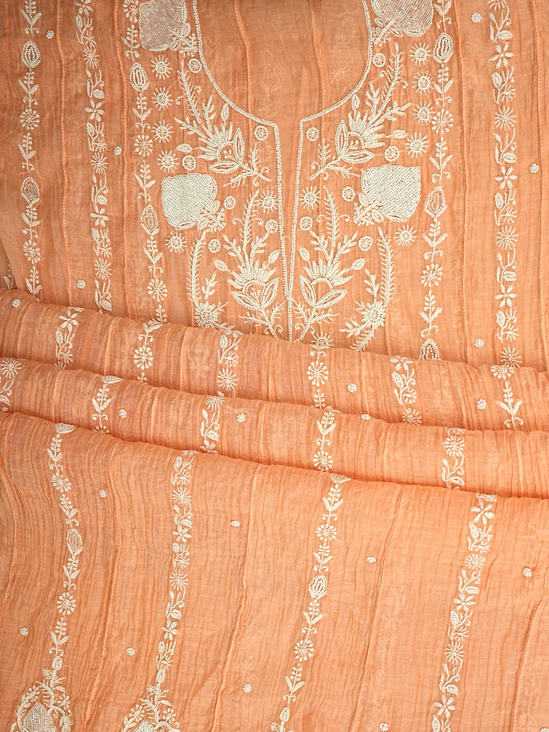Ada Hand Embroidered Peach Chanderi Lucknowi Chikankari Semi-Stitched Anarkali Kurta Dupatta Set With Cutdana Work 01A898438