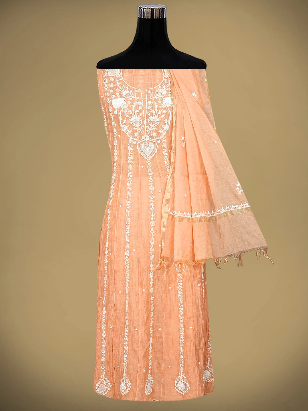 Ada Hand Embroidered Peach Chanderi Lucknowi Chikankari Semi-Stitched Anarkali Kurta Dupatta Set With Cutdana Work 01A898438