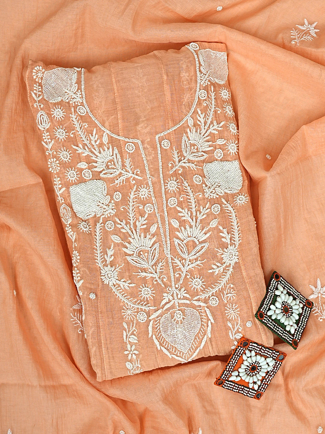 Ada Hand Embroidered Peach Chanderi Lucknowi Chikankari Semi-Stitched Anarkali Kurta Dupatta Set With Cutdana Work 01A898438