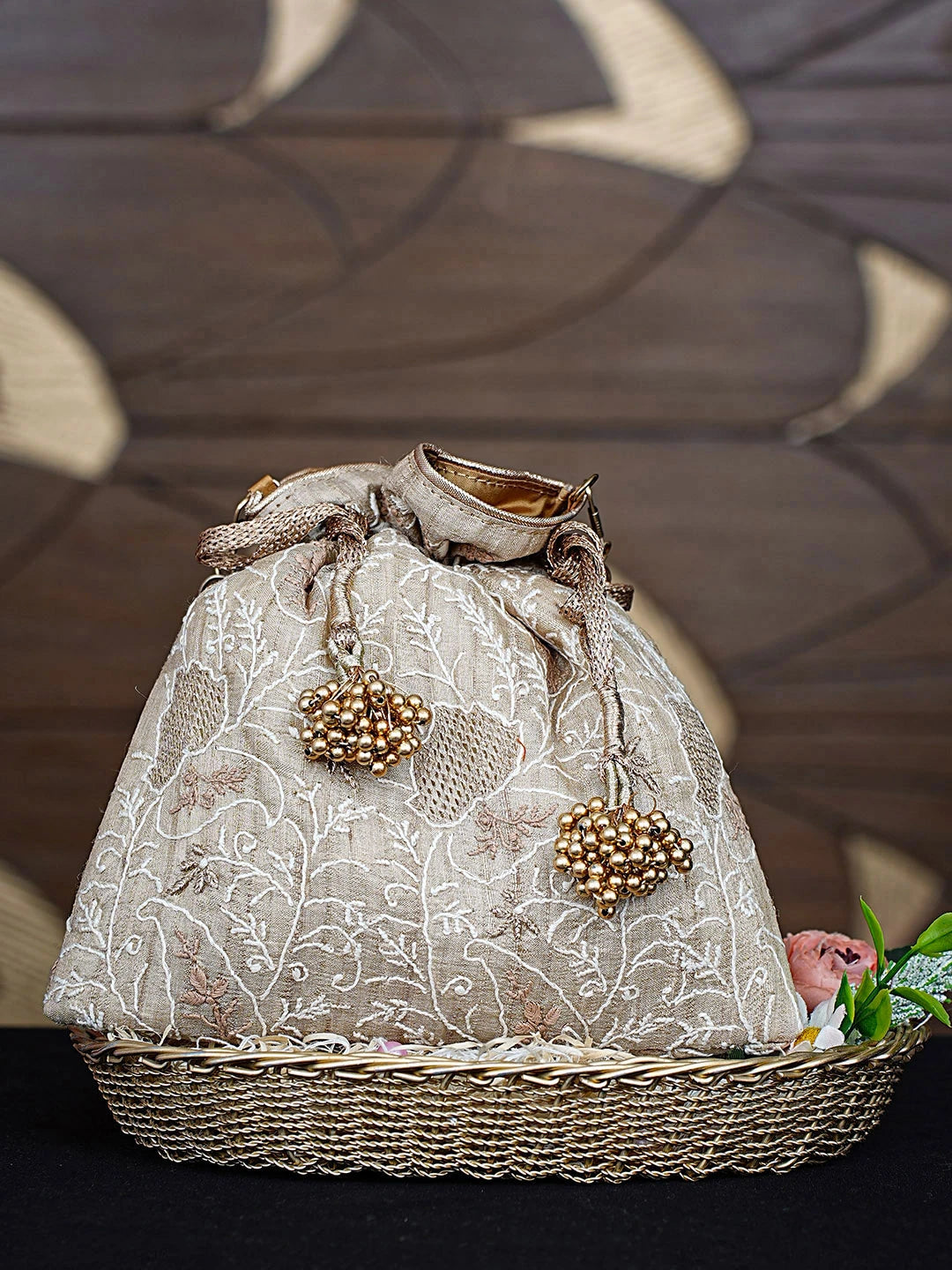 Ada Hand Embroidered Fawn Silk Lucknowi Chikankari Potli Bag With Zari Work 01A908949