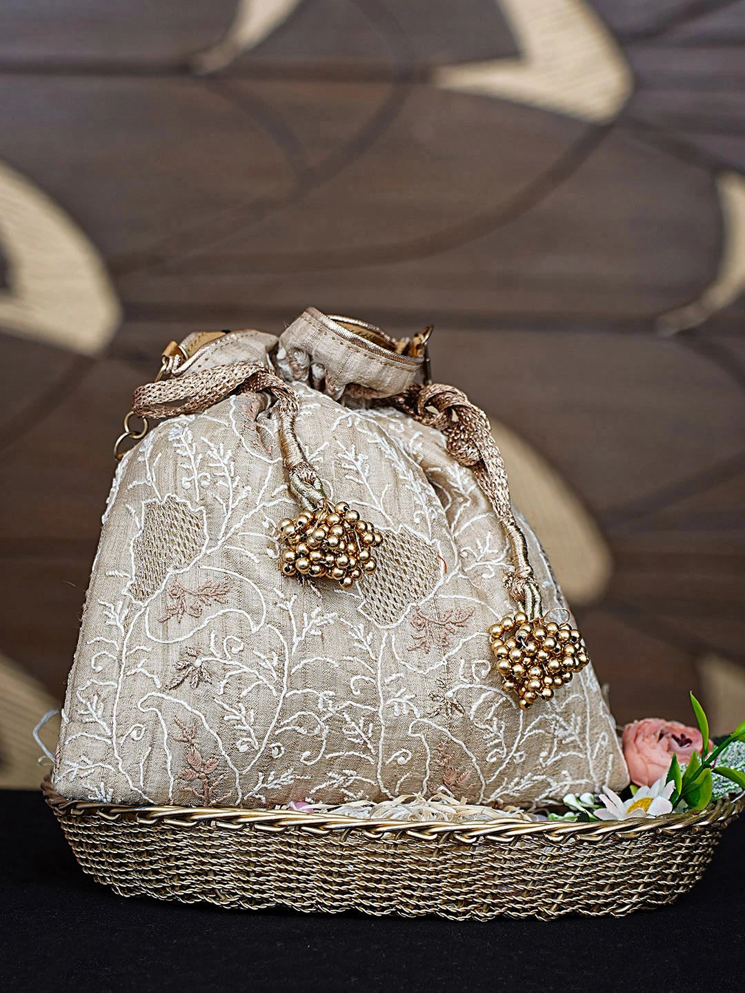 Ada Hand Embroidered Fawn Silk Lucknowi Chikankari Potli Bag With Zari Work 01A908949