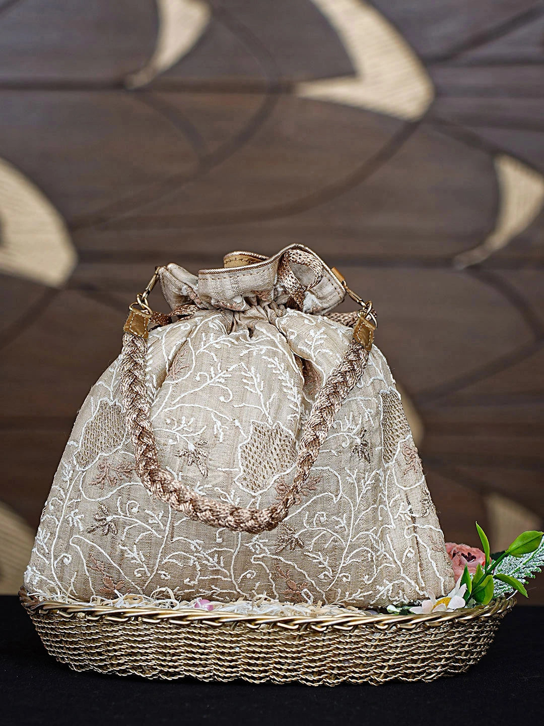 Ada Hand Embroidered Fawn Silk Lucknowi Chikankari Potli Bag With Zari Work 01A908949