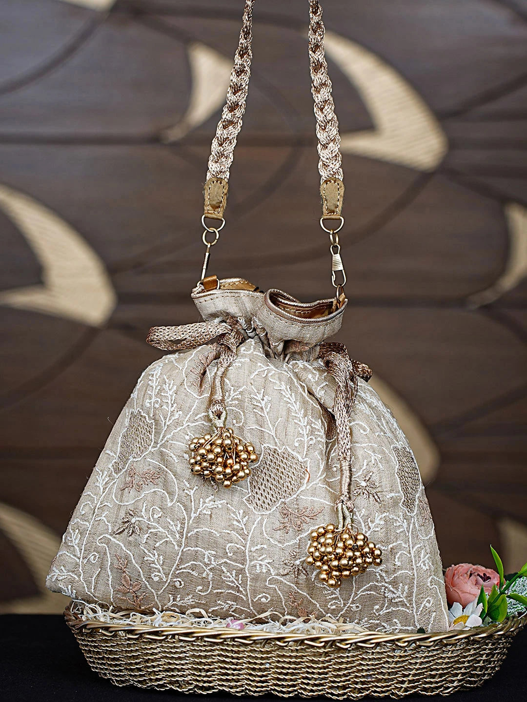 Ada Hand Embroidered Fawn Silk Lucknowi Chikankari Potli Bag With Zari Work 01A908949
