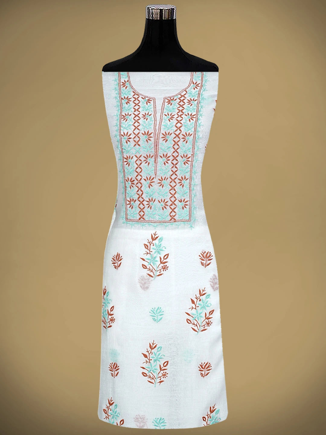 Ada Hand Embroidered Beige Chanderi Lucknowi Chikankari Unstitched Kurta Dupatta Set 01A903114