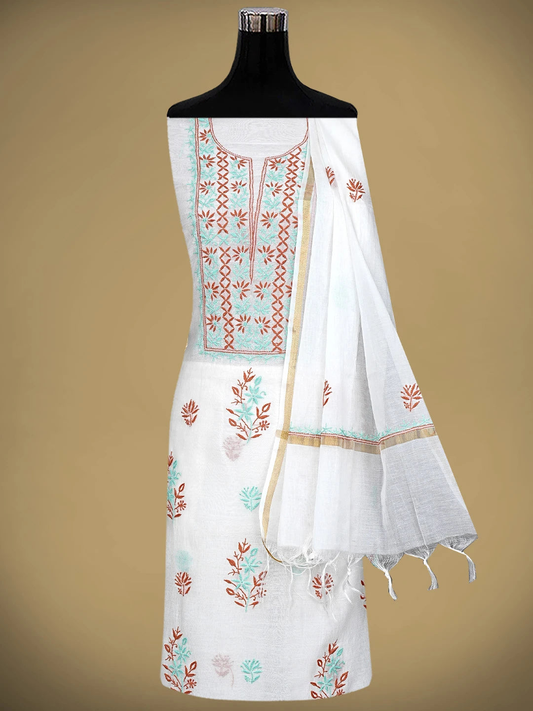 Ada Hand Embroidered Beige Chanderi Lucknowi Chikankari Unstitched Kurta Dupatta Set 01A903114