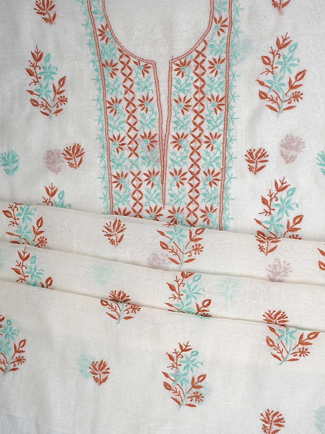Ada Hand Embroidered Beige Chanderi Lucknowi Chikankari Unstitched Kurta Dupatta Set 01A903114