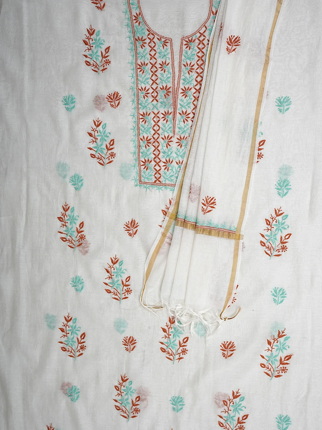 Ada Hand Embroidered Beige Chanderi Lucknowi Chikankari Unstitched Kurta Dupatta Set 01A903114