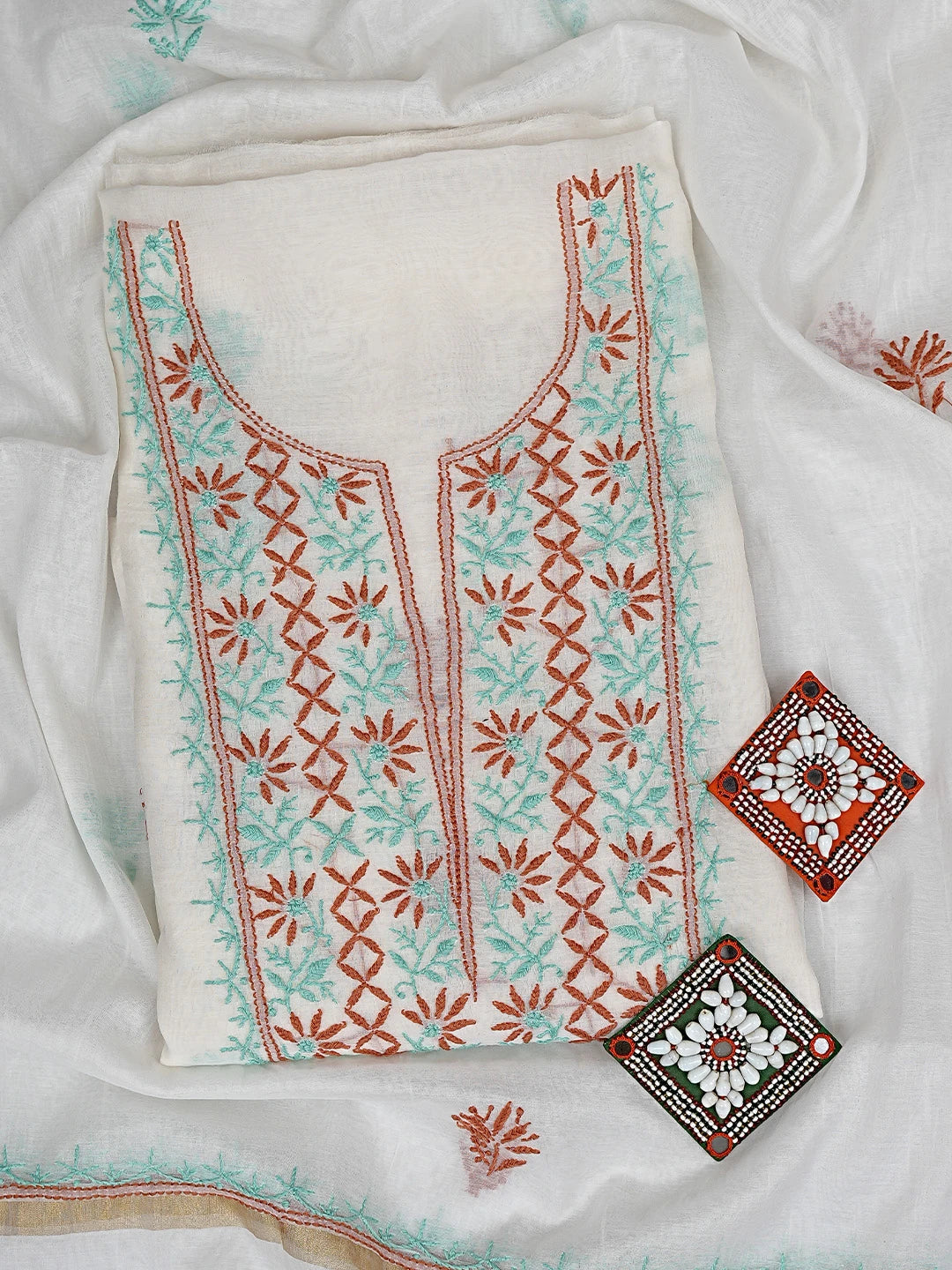 Ada Hand Embroidered Beige Chanderi Lucknowi Chikankari Unstitched Kurta Dupatta Set 01A903114