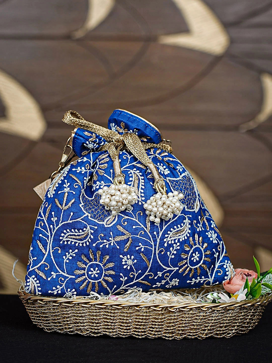 Ada Hand Embroidered Royal Blue Silk Lucknowi Chikankari Potli Bag With Zari Work 01A908982