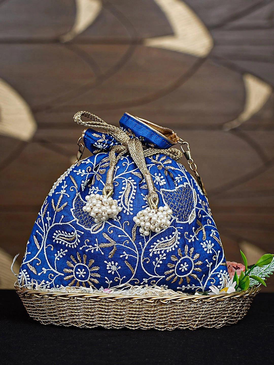 Ada Hand Embroidered Royal Blue Silk Lucknowi Chikankari Potli Bag With Zari Work 01A908982