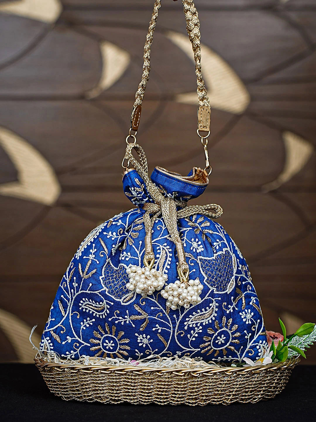 Ada Hand Embroidered Royal Blue Silk Lucknowi Chikankari Potli Bag With Zari Work 01A908982