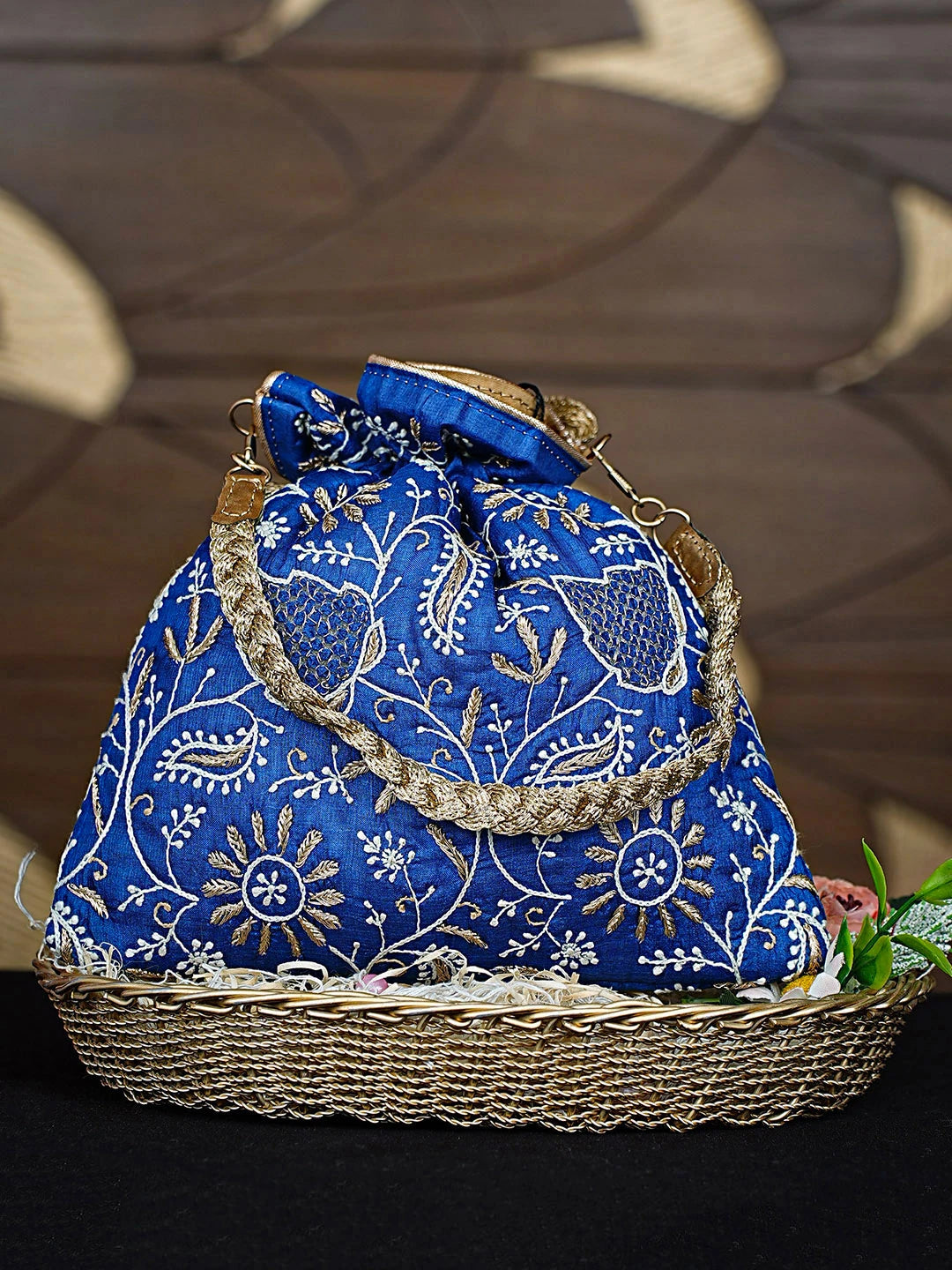 Ada Hand Embroidered Royal Blue Silk Lucknowi Chikankari Potli Bag With Zari Work 01A908982