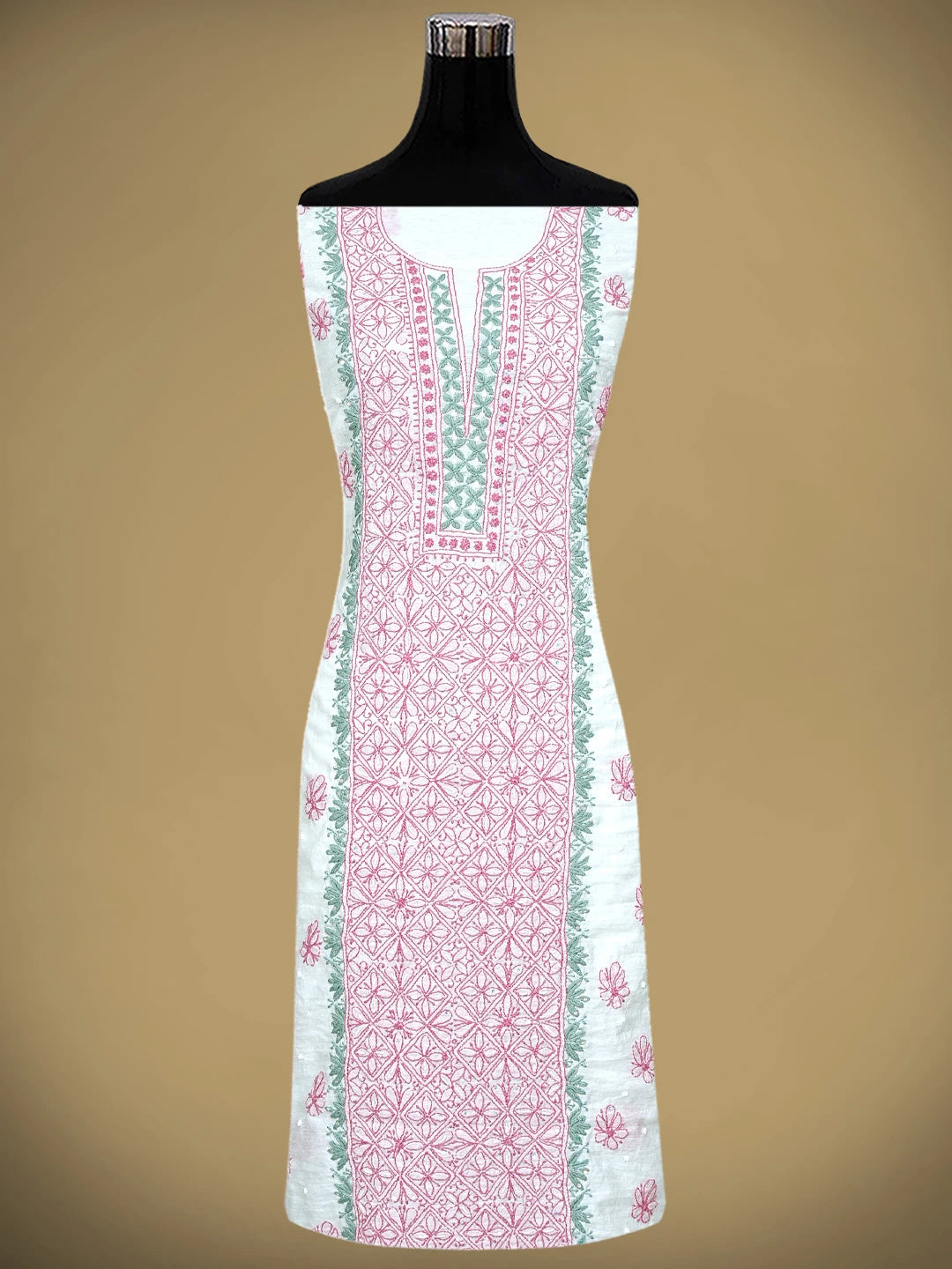 Ada Hand Embroidered White Ivory Chanderi Lucknowi Chikankari Unstitched Kurta Dupatta Set With Pearl Work 01A897634