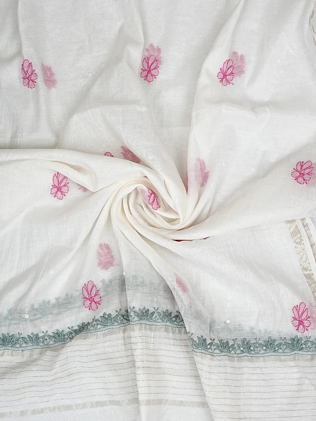 Ada Hand Embroidered White Ivory Chanderi Lucknowi Chikankari Unstitched Kurta Dupatta Set With Pearl Work 01A897634