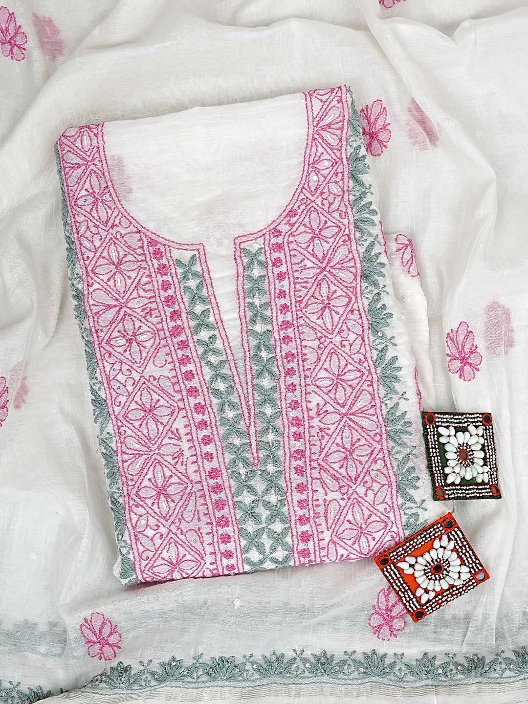 Ada Hand Embroidered White Ivory Chanderi Lucknowi Chikankari Unstitched Kurta Dupatta Set With Pearl Work 01A897634