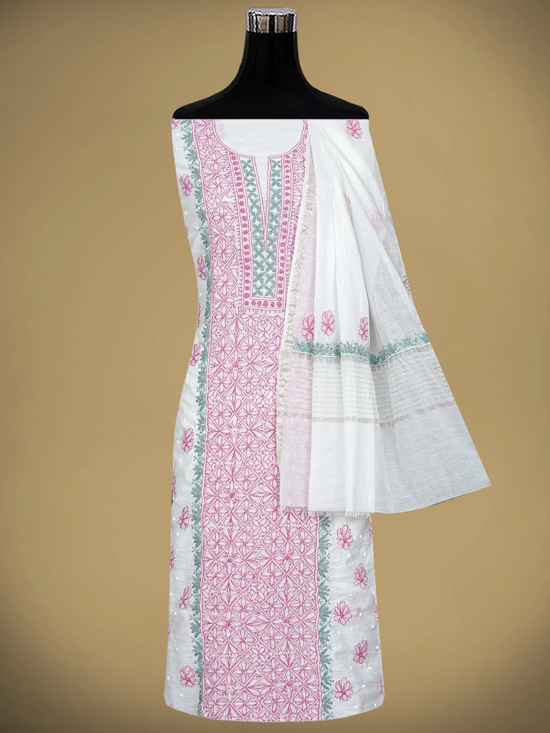 Ada Hand Embroidered White Ivory Chanderi Lucknowi Chikankari Unstitched Kurta Dupatta Set With Pearl Work 01A897634