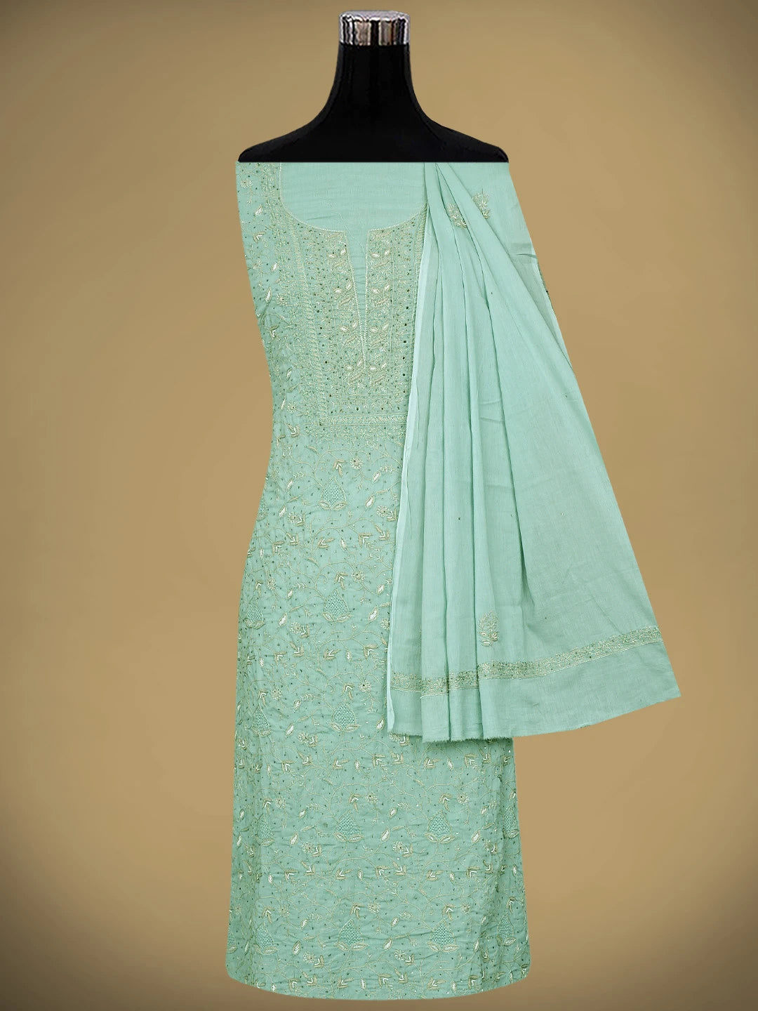 Ada Hand Embroidered Sea Green Cotton Lucknowi Chikankari Unstitched Kurta Dupatta Set With Pearl Work 01A345042