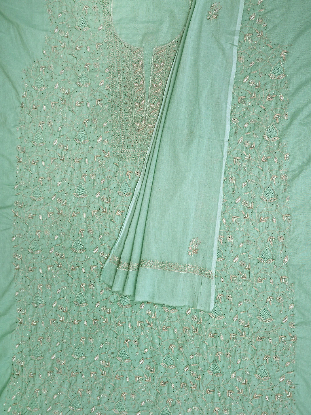Ada Hand Embroidered Sea Green Cotton Lucknowi Chikankari Unstitched Kurta Dupatta Set With Pearl Work 01A345042