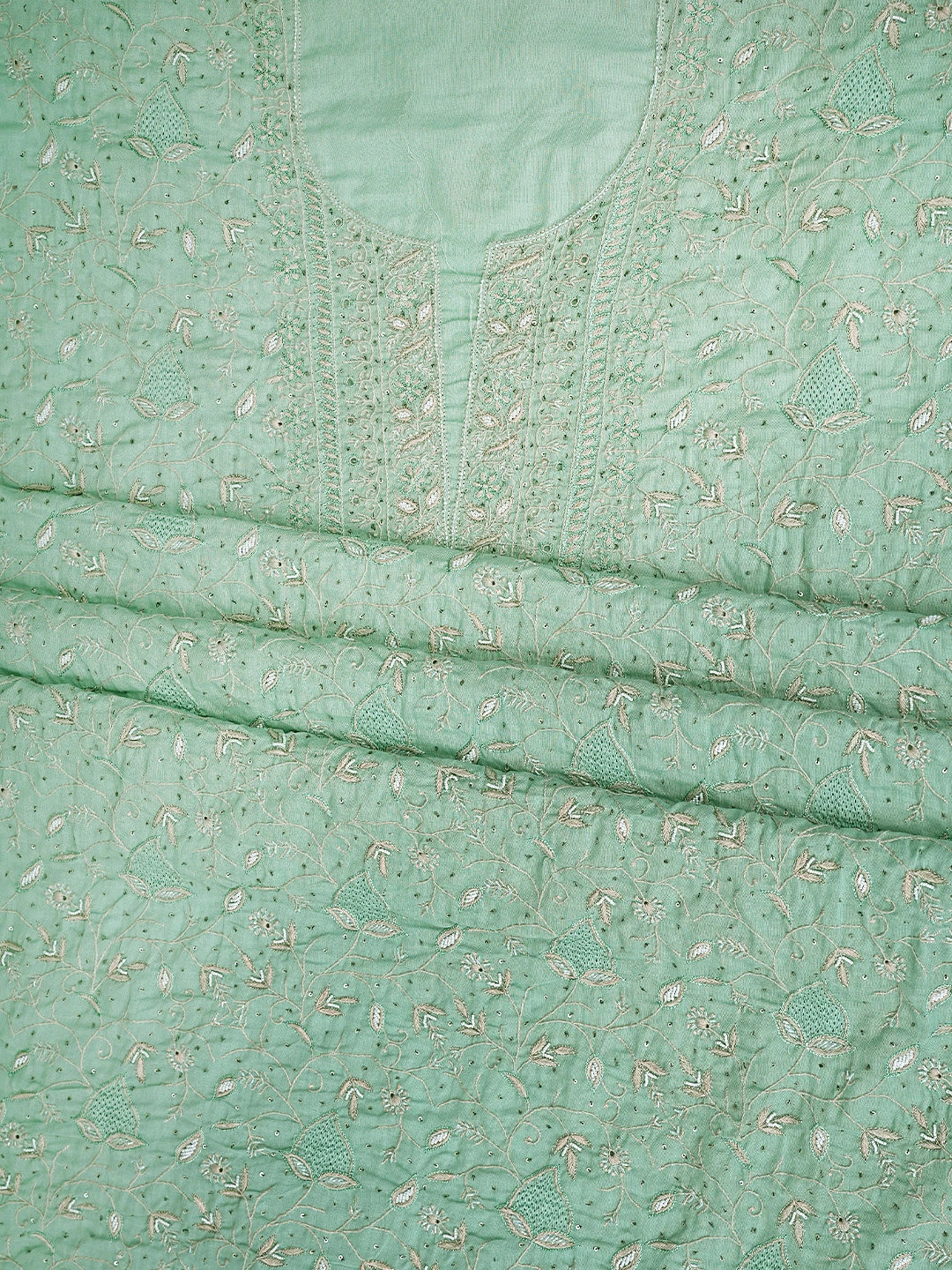 Ada Hand Embroidered Sea Green Cotton Lucknowi Chikankari Unstitched Kurta Dupatta Set With Pearl Work 01A345042
