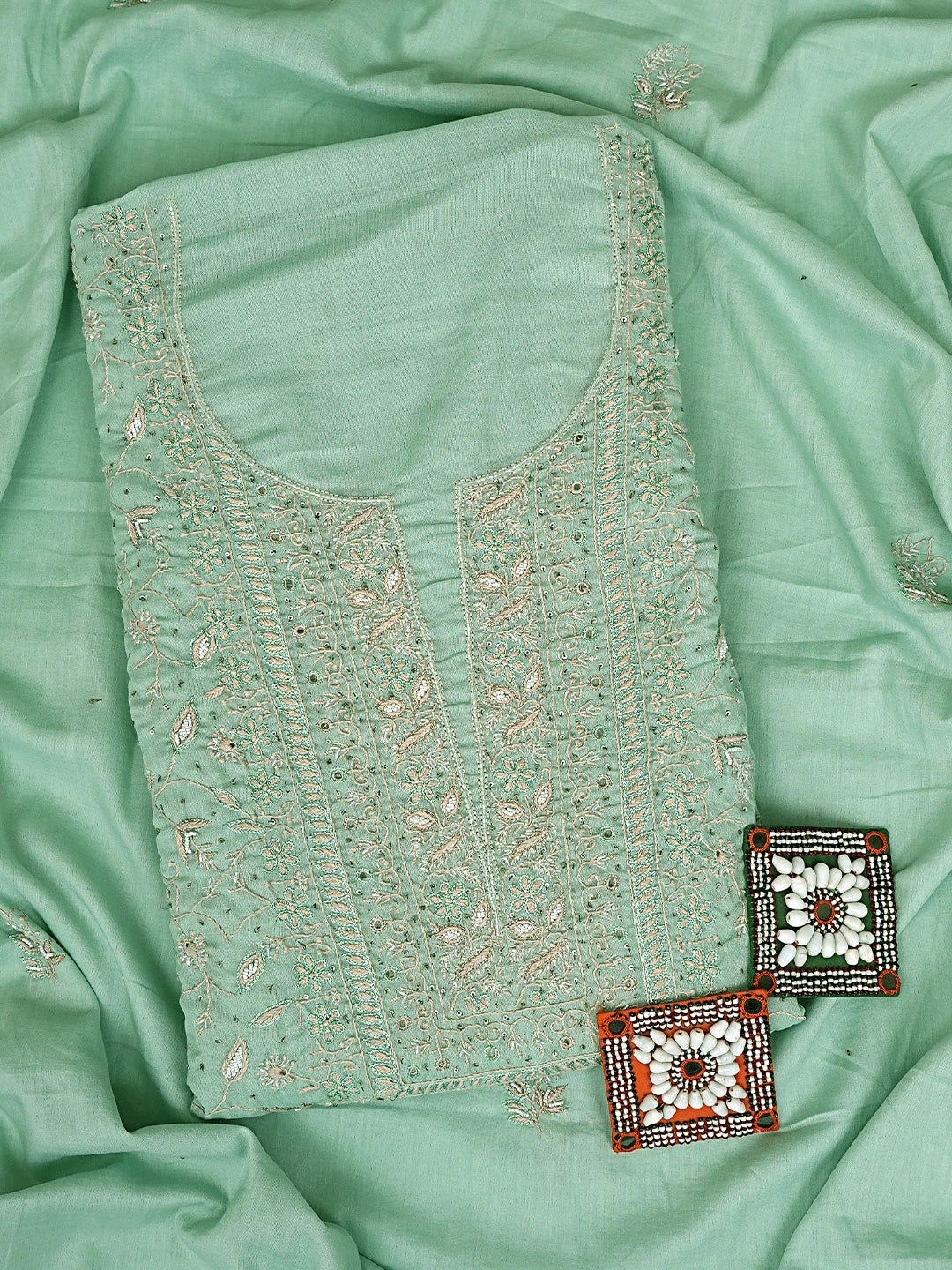 Ada Hand Embroidered Sea Green Cotton Lucknowi Chikankari Unstitched Kurta Dupatta Set With Pearl Work 01A345042