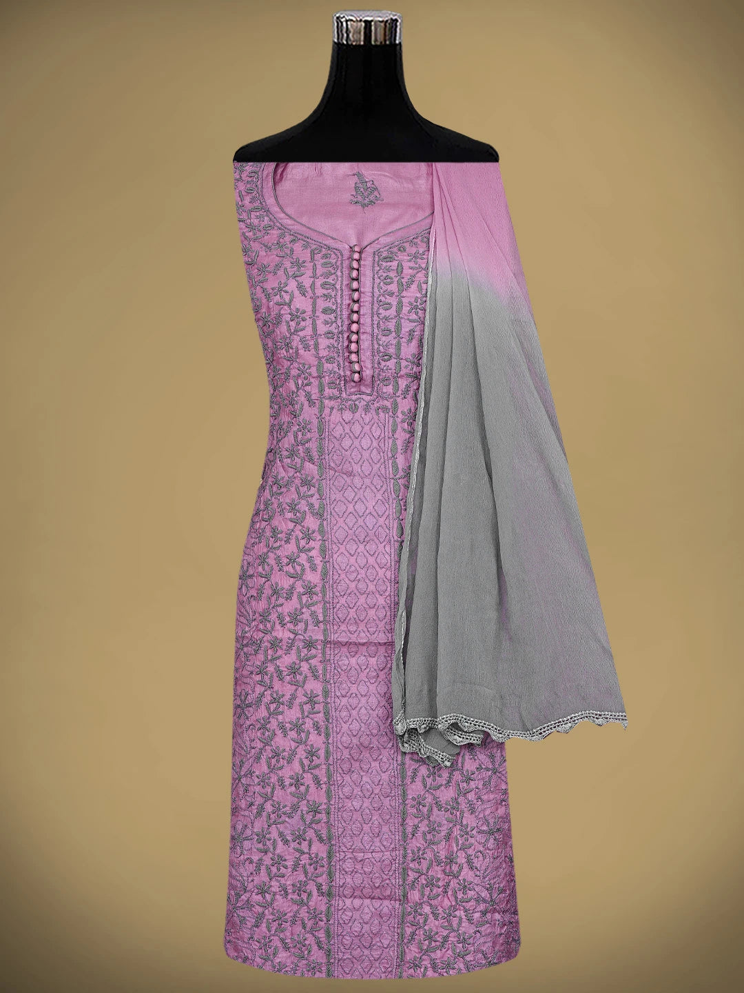 Ada Hand Embroidered Onion Pink Silk Lucknowi Chikankari Unstitched Suit Piece with Chiffon Dupatta 01A868489