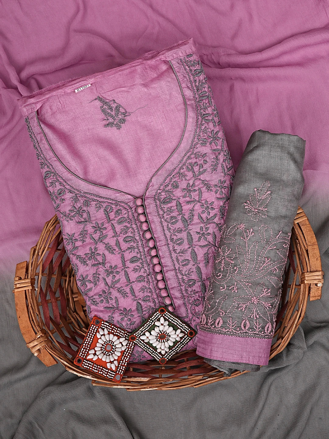 Ada Hand Embroidered Onion Pink Silk Lucknowi Chikankari Unstitched Suit Piece with Chiffon Dupatta 01A868489