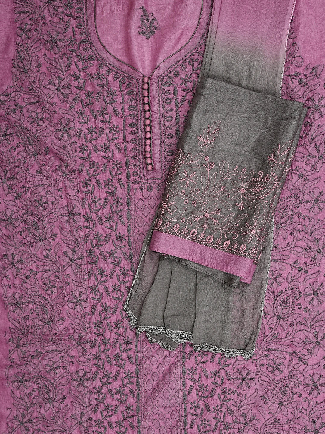 Ada Hand Embroidered Onion Pink Silk Lucknowi Chikankari Unstitched Suit Piece with Chiffon Dupatta 01A868489
