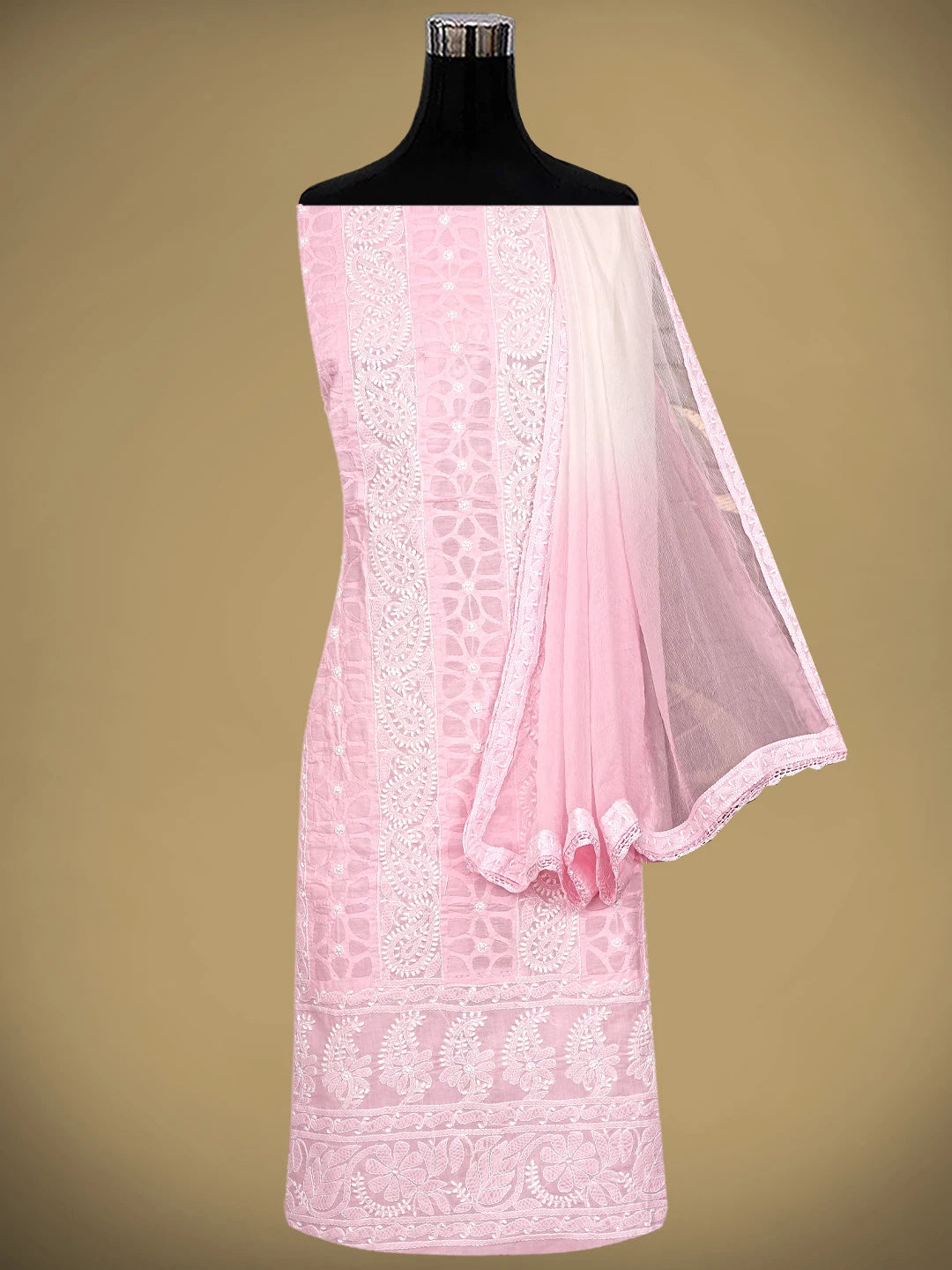 Ada Hand Embroidered Pink Cotton Lucknowi Chikankari Unstitched Suit Piece with Chiffon Dupatta 01A900249