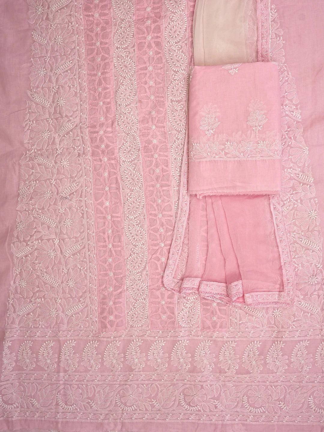 Ada Hand Embroidered Pink Cotton Lucknowi Chikankari Unstitched Suit Piece with Chiffon Dupatta 01A900249