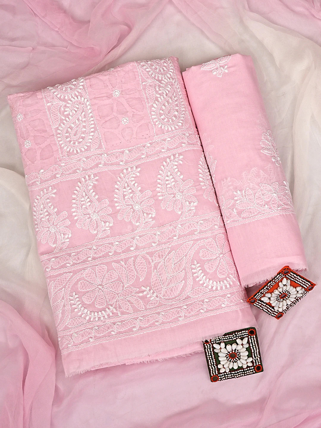 Ada Hand Embroidered Pink Cotton Lucknowi Chikankari Unstitched Suit Piece with Chiffon Dupatta 01A900249