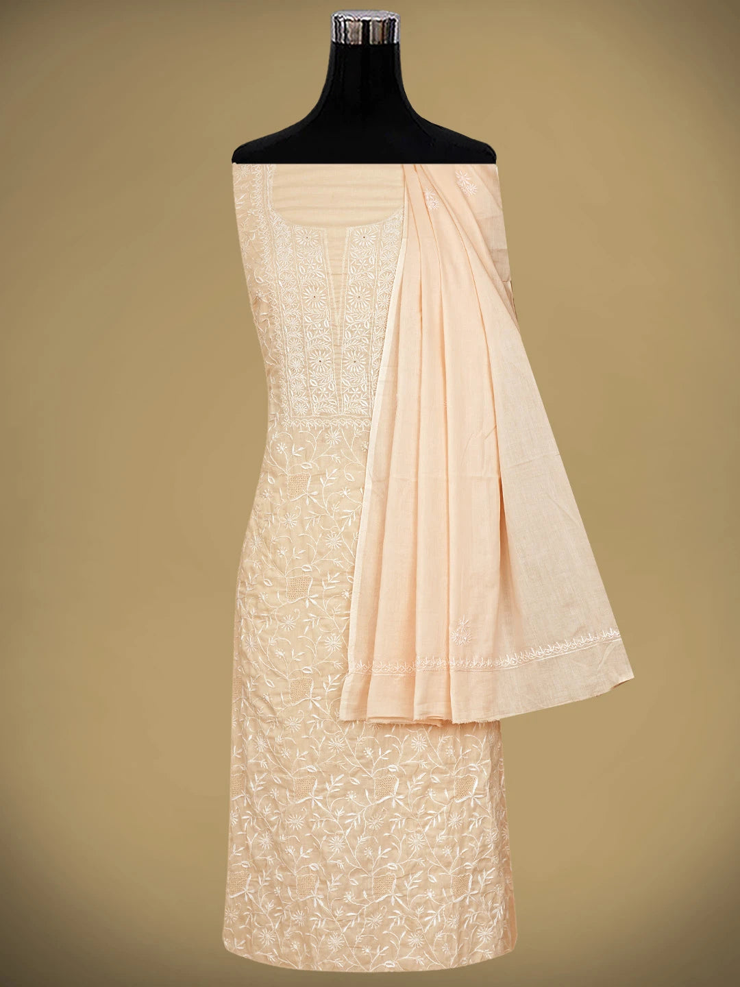 Ada Hand Embroidered Peach Cotton Lucknowi Chikankari Unstitched Kurta Dupatta Set 01A320611