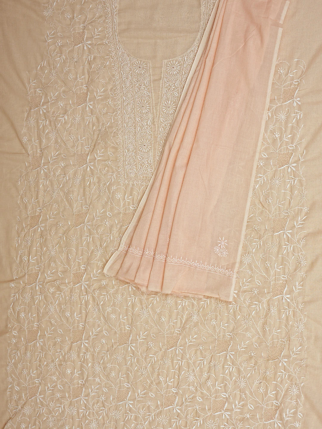 Ada Hand Embroidered Peach Cotton Lucknowi Chikankari Unstitched Kurta Dupatta Set 01A320611