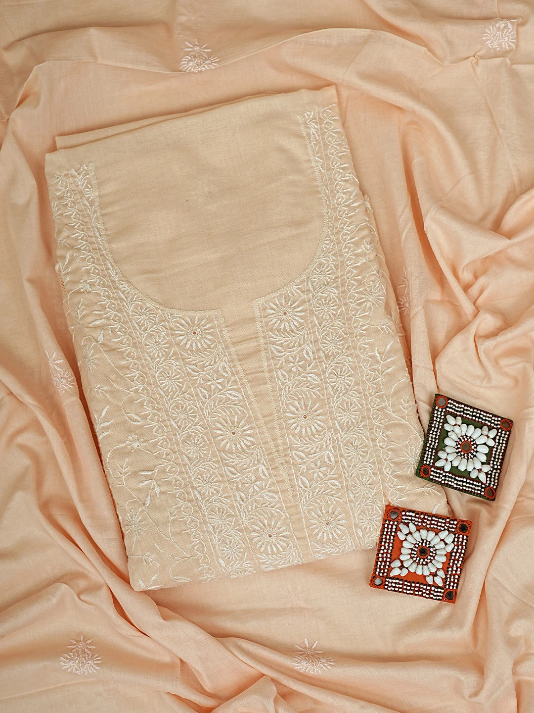 Ada Hand Embroidered Peach Cotton Lucknowi Chikankari Unstitched Kurta Dupatta Set 01A320611
