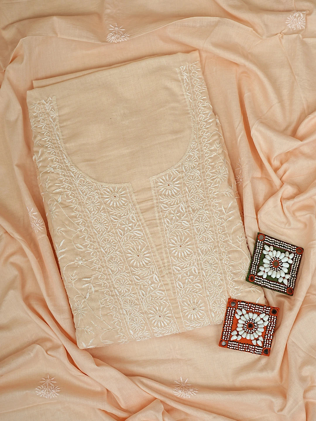 Ada Hand Embroidered Peach Cotton Lucknowi Chikankari Unstitched Kurta Dupatta Set 01A320611