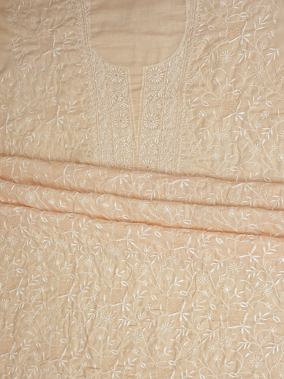 Ada Hand Embroidered Peach Cotton Lucknowi Chikankari Unstitched Kurta Dupatta Set 01A320611