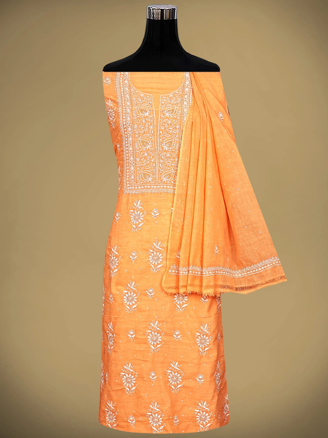 Ada Hand Embroidered Orange Cotton Lucknowi Chikankari Unstitched Kurta Dupatta Set With Cutdana Work 01A727241
