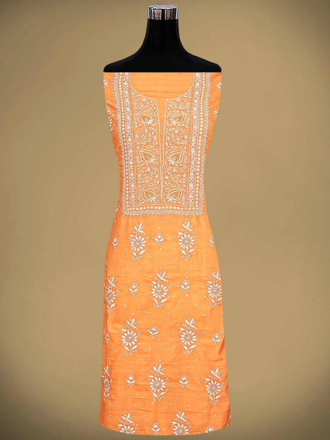 Ada Hand Embroidered Orange Cotton Lucknowi Chikankari Unstitched Kurta Dupatta Set With Cutdana Work 01A727241