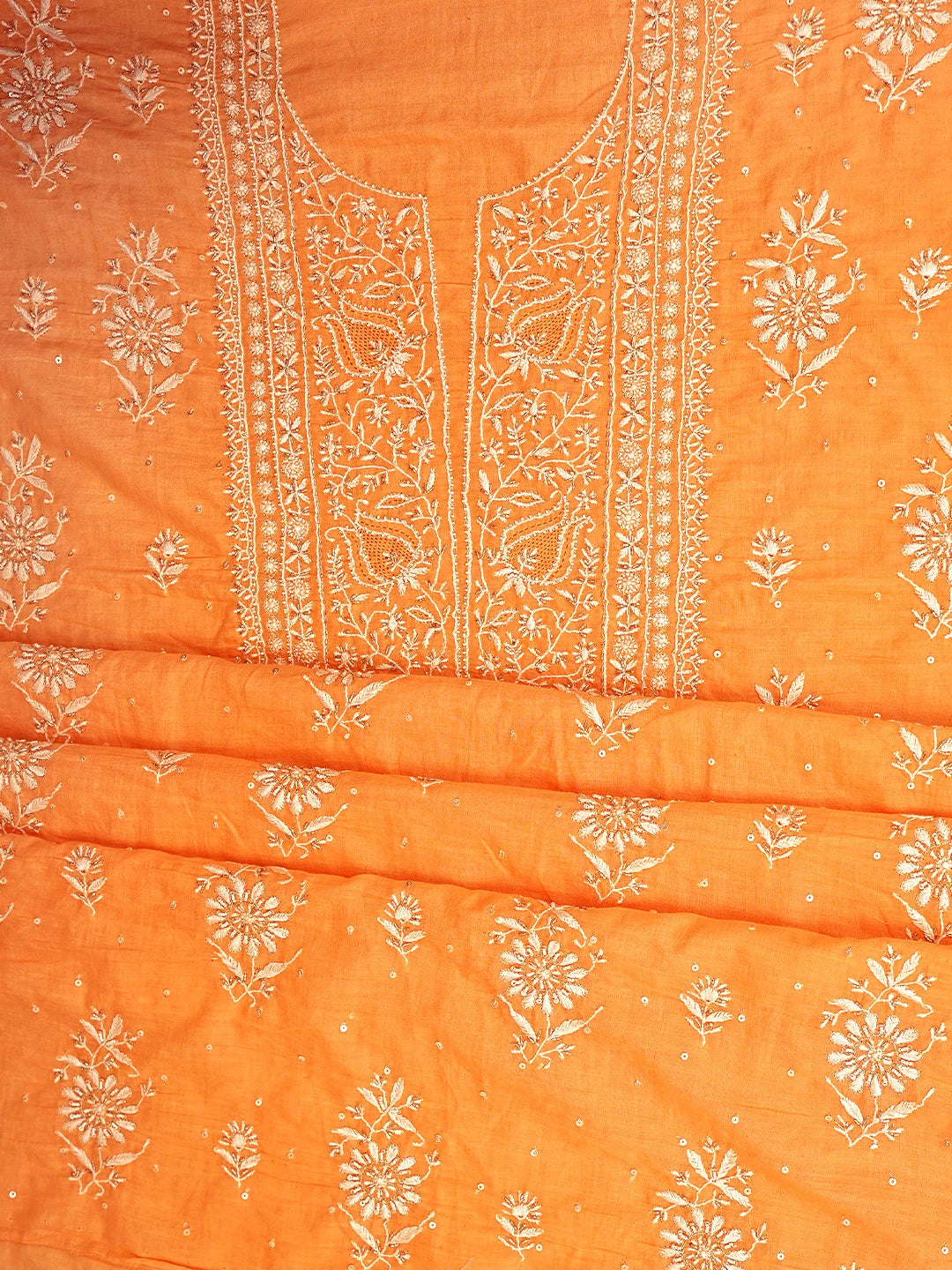 Ada Hand Embroidered Orange Cotton Lucknowi Chikankari Unstitched Kurta Dupatta Set With Cutdana Work 01A727241
