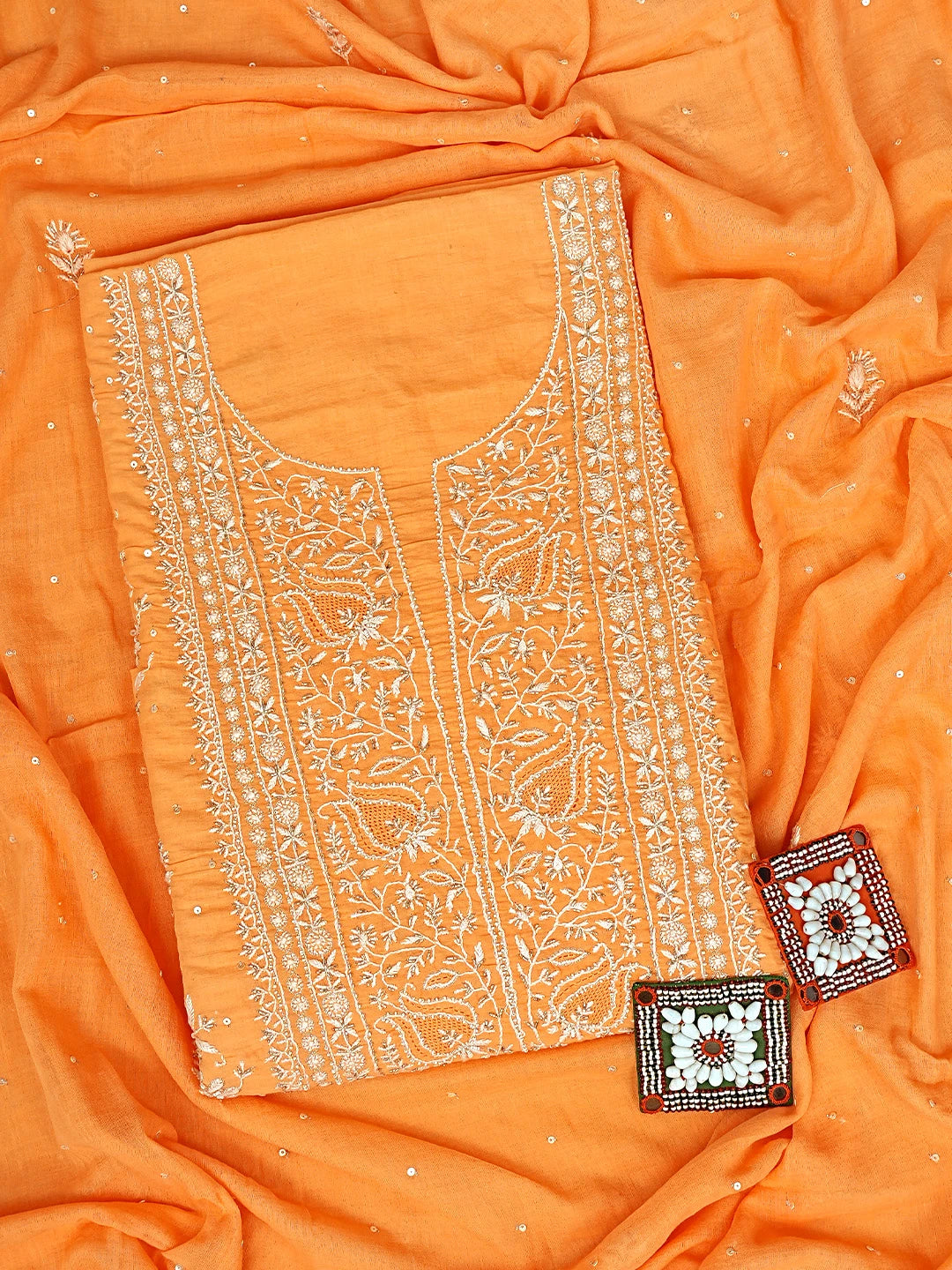 Ada Hand Embroidered Orange Cotton Lucknowi Chikankari Unstitched Kurta Dupatta Set With Cutdana Work 01A727241