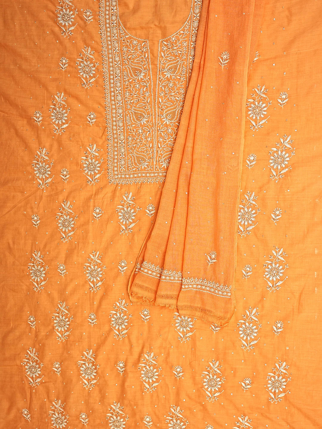 Ada Hand Embroidered Orange Cotton Lucknowi Chikankari Unstitched Kurta Dupatta Set With Cutdana Work 01A727241
