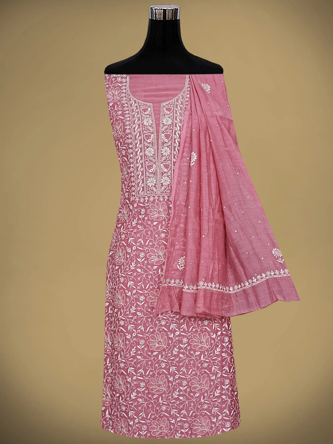 Ada Hand Embroidered Onion Pink Chanderi Lucknowi Chikankari Unstitched Kurta Dupatta Set With Cutdana Work 01A873615
