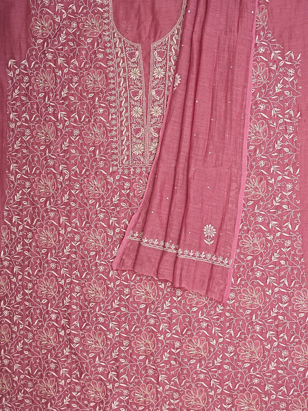 Ada Hand Embroidered Onion Pink Chanderi Lucknowi Chikankari Unstitched Kurta Dupatta Set With Cutdana Work 01A873615