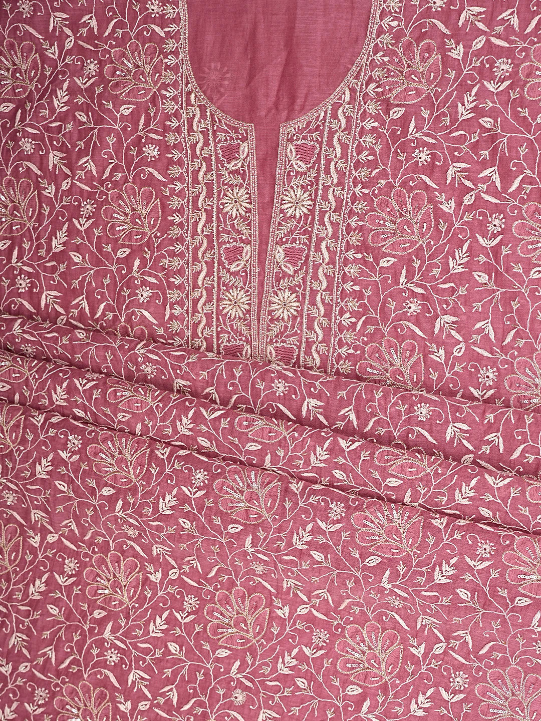 Ada Hand Embroidered Onion Pink Chanderi Lucknowi Chikankari Unstitched Kurta Dupatta Set With Cutdana Work 01A873615