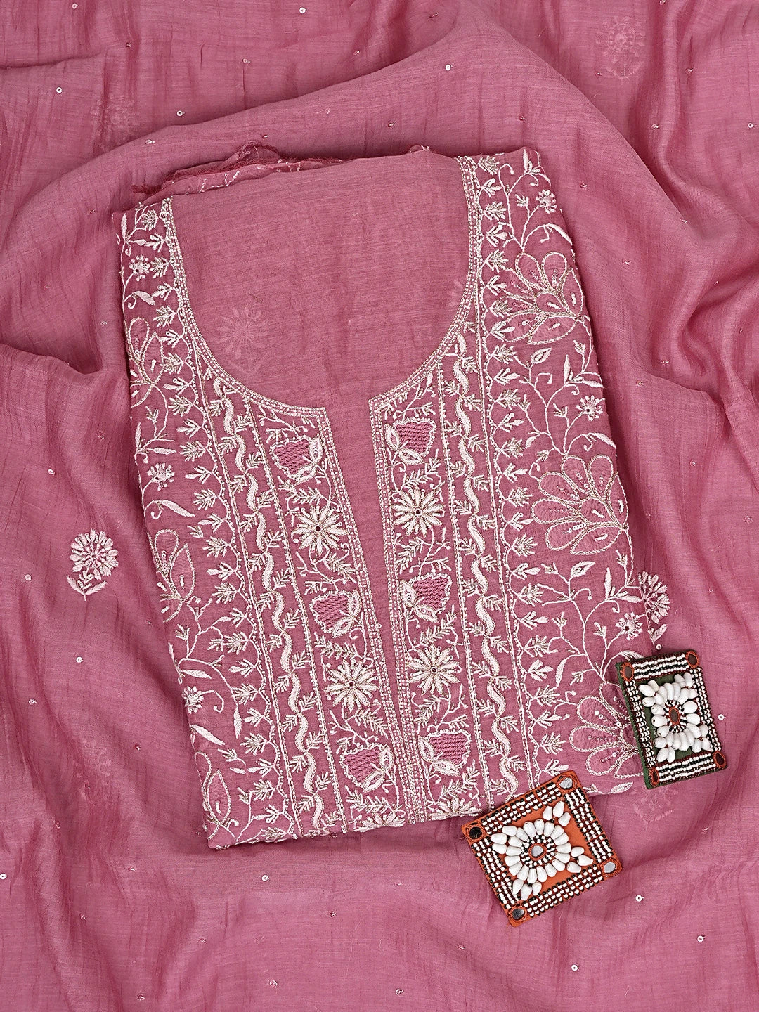 Ada Hand Embroidered Onion Pink Chanderi Lucknowi Chikankari Unstitched Kurta Dupatta Set With Cutdana Work 01A873615