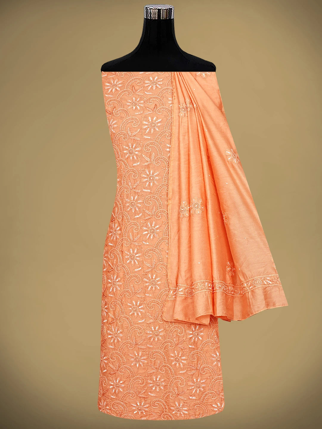 Ada Hand Embroidered Peach Chanderi Lucknowi Chikankari Unstitched Kurta Dupatta Set With Cutdana Work 01A584727