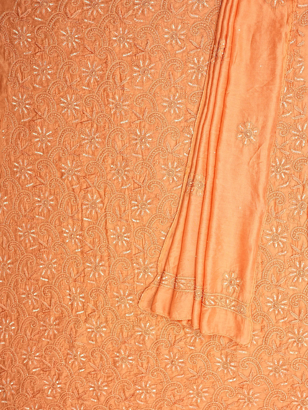 Ada Hand Embroidered Peach Chanderi Lucknowi Chikankari Unstitched Kurta Dupatta Set With Cutdana Work 01A584727