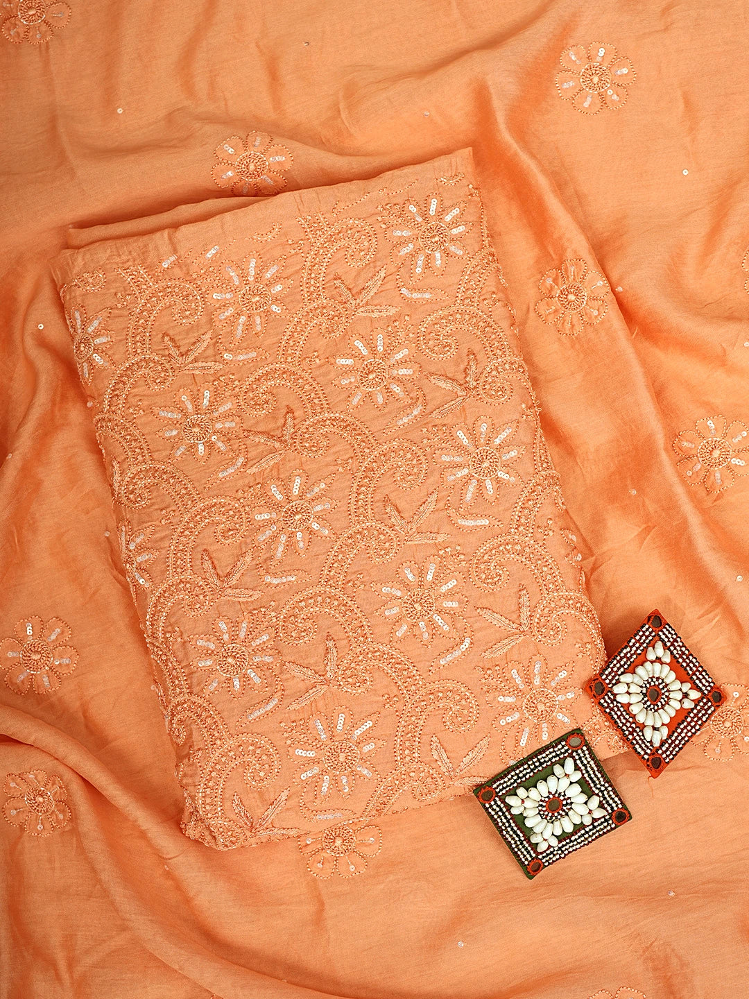 Ada Hand Embroidered Peach Chanderi Lucknowi Chikankari Unstitched Kurta Dupatta Set With Cutdana Work 01A584727