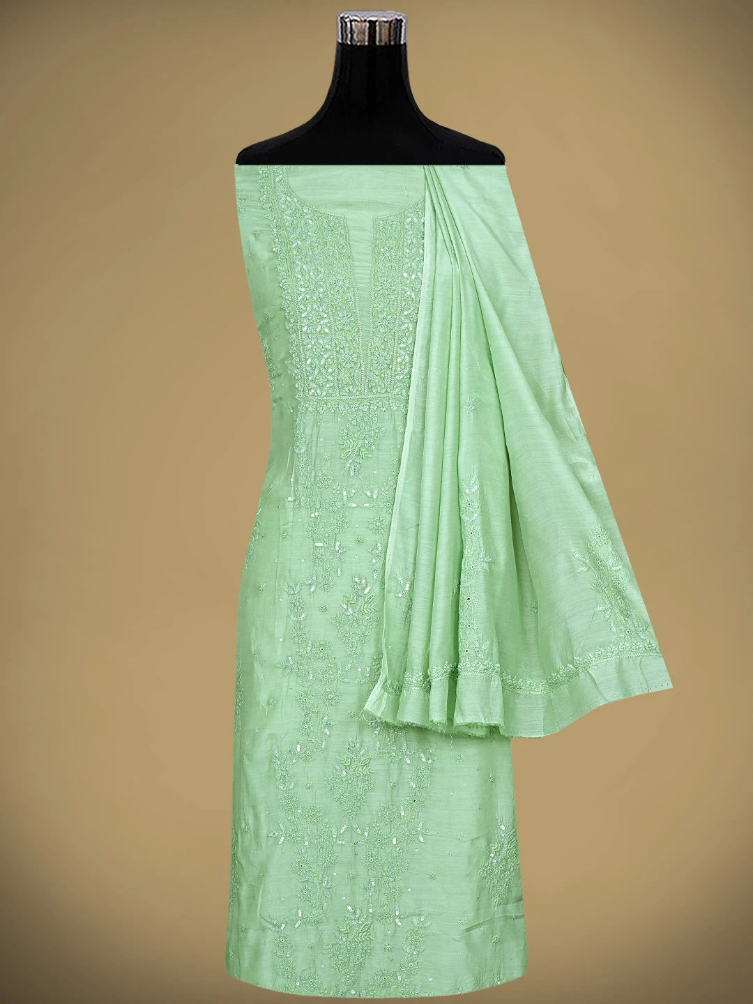 Ada Hand Embroidered Green Maslin Lucknowi Chikankari Unstitched Kurta Dupatta Set With Cutdana Work 01A610266
